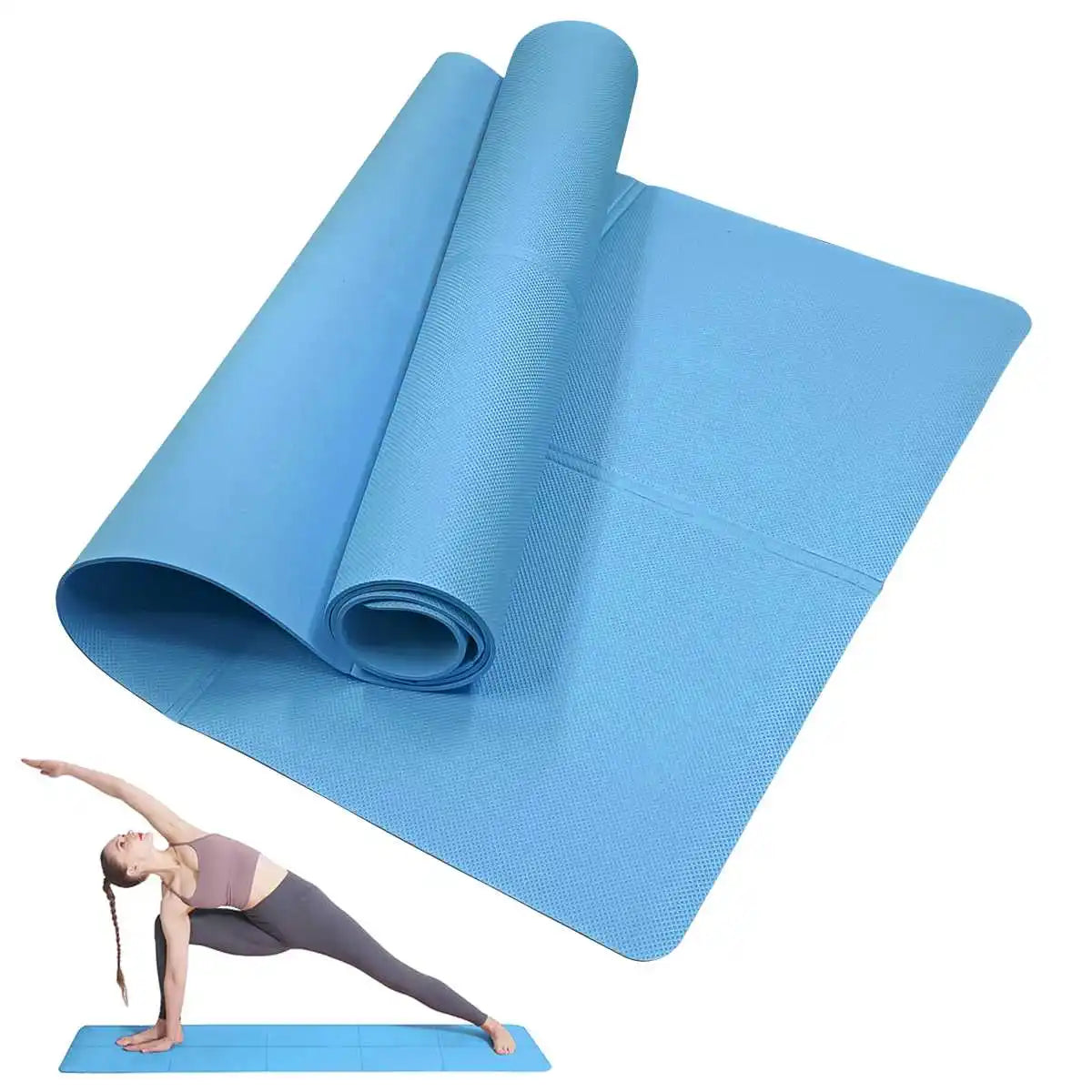Women Fashion Feather Printed Hoodies lightweight yoga mat rolled up with yoga pose demonstration.
