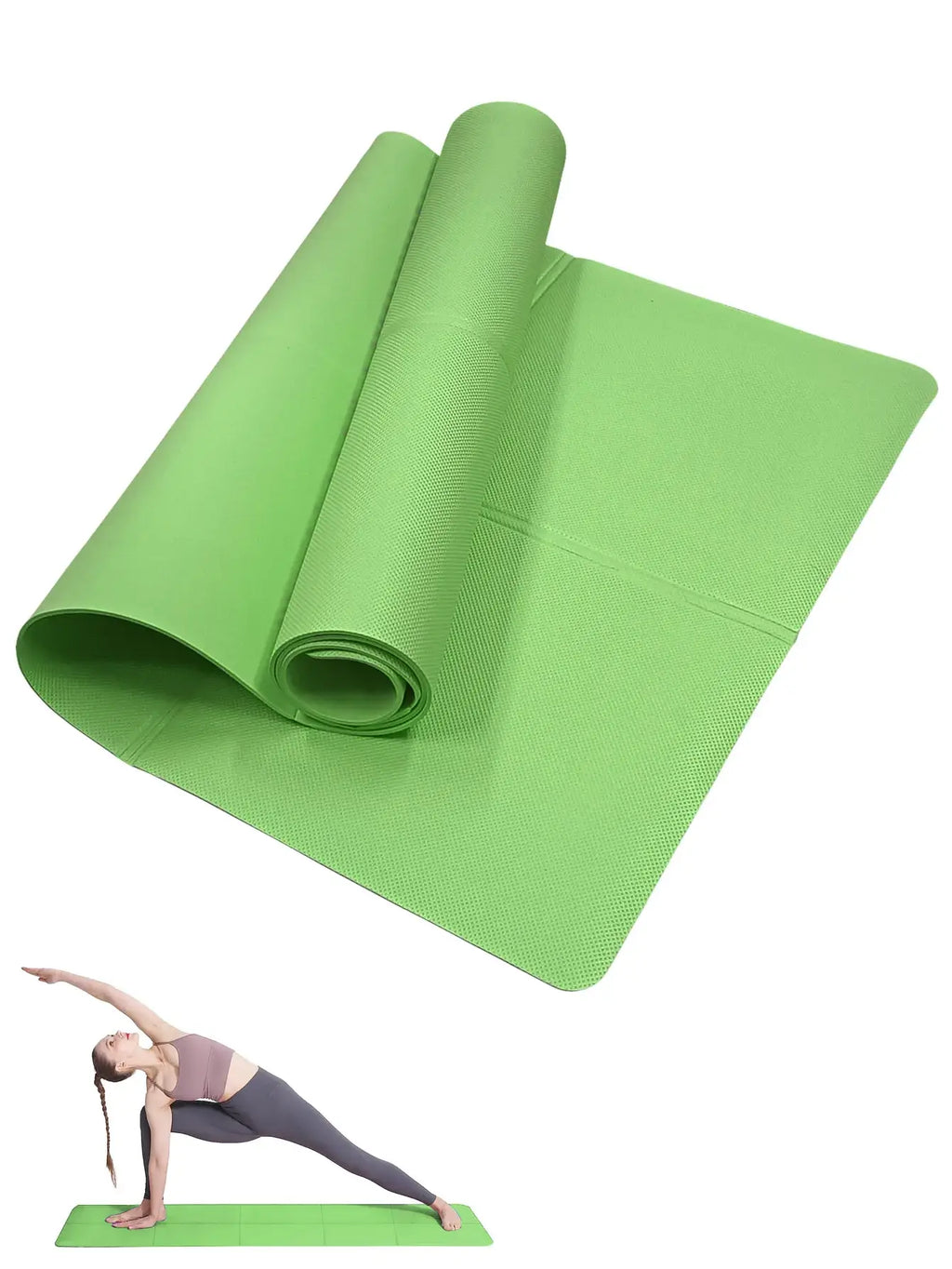 Women Fashion Feather Printed Hoodies Yoga Mat rolled out for exercise, showcasing non-slip surface and vibrant green color.